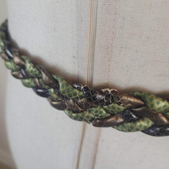 VTG Green Brown Leather Belt XL Braided Snake Print Gold Tone Buckle Colorful main image 4